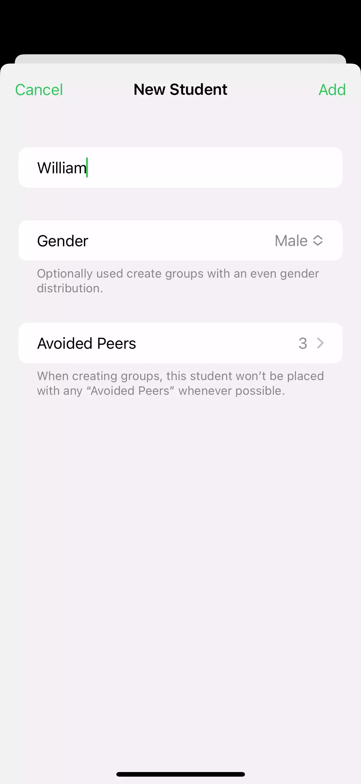 A screenshot of the new student screen, with options including “Gender” and ”Avoided Peers”.