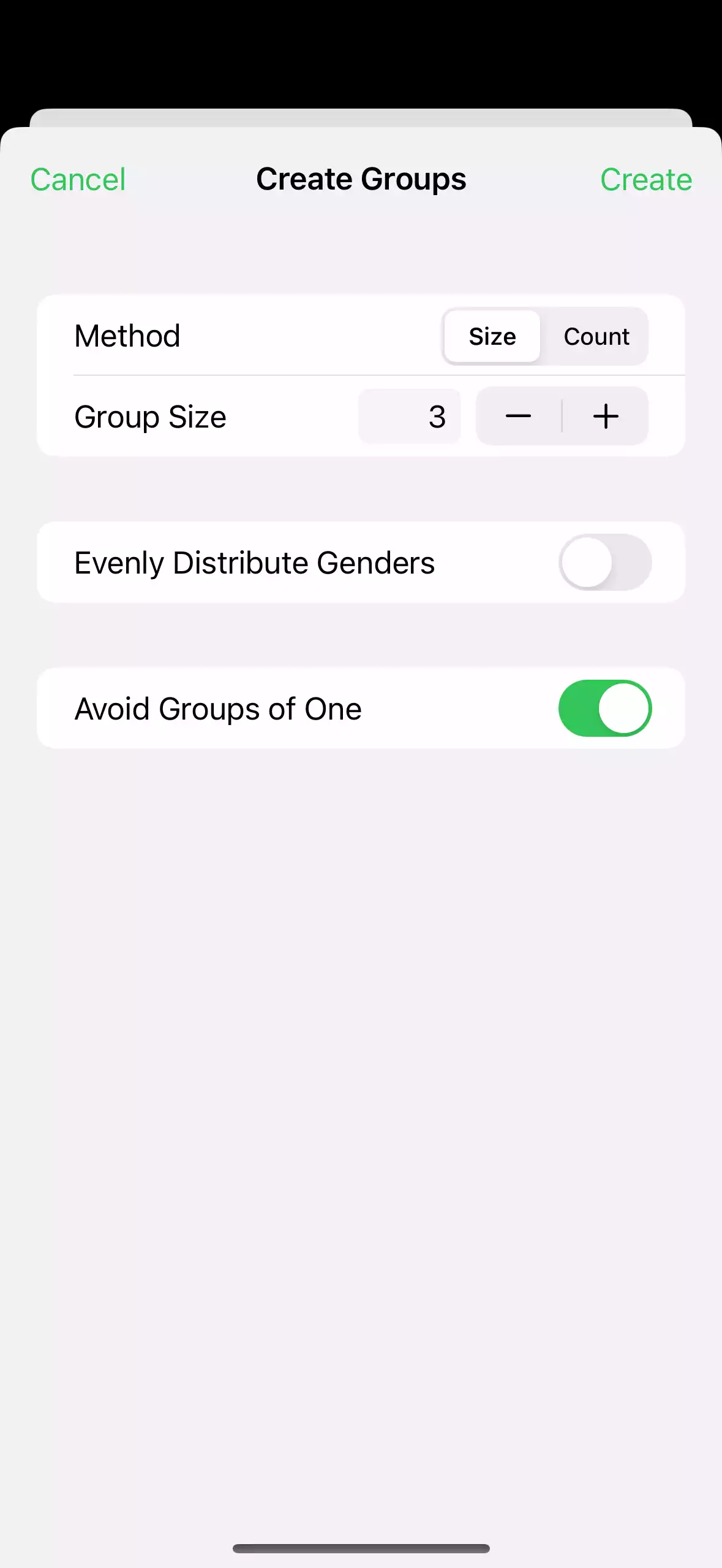 A screenshot of the create groups screen, with options including “Method” (size vs count), “Group Size”, “Evenly Distribute Genders”, and “Avoid Groups of One”.