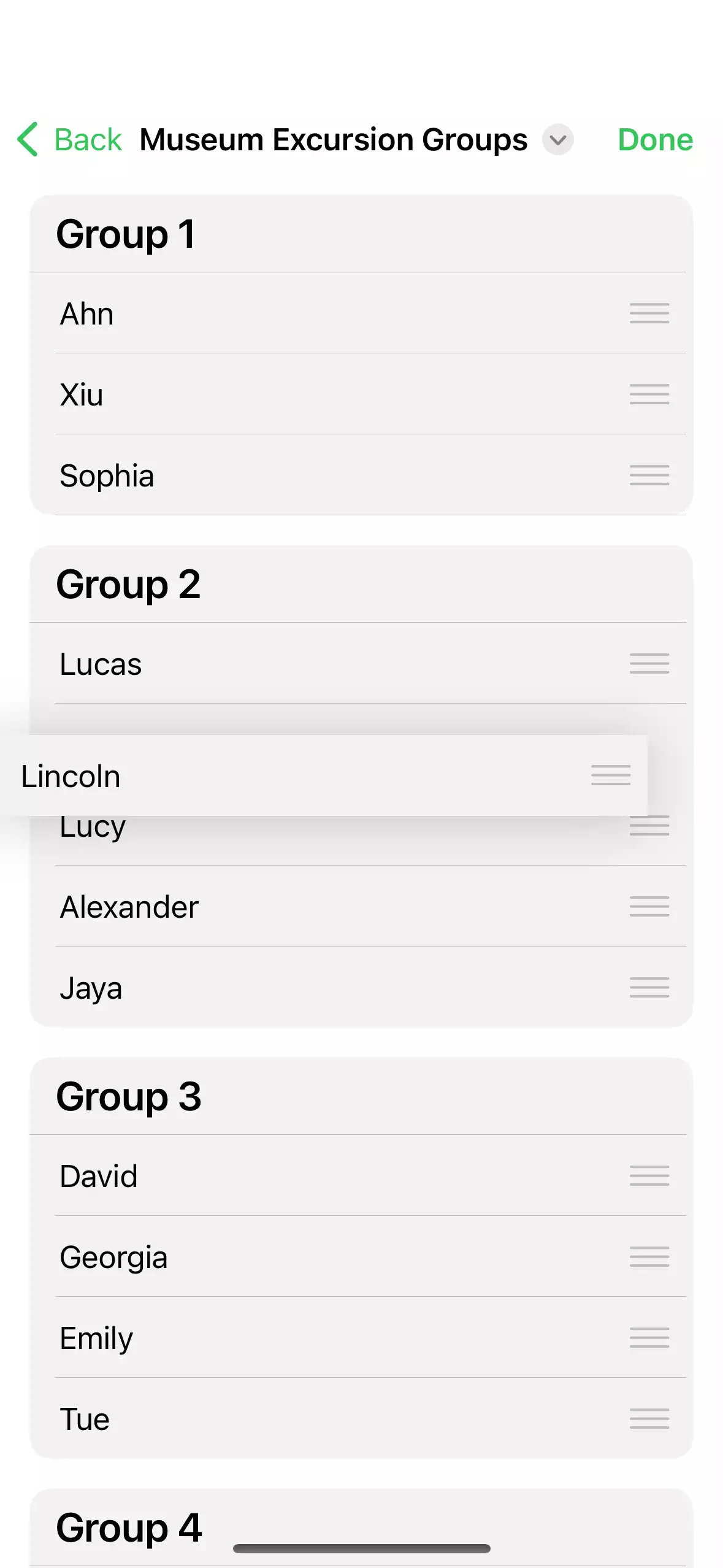 A list of groups, with a member of a group being rearranged.