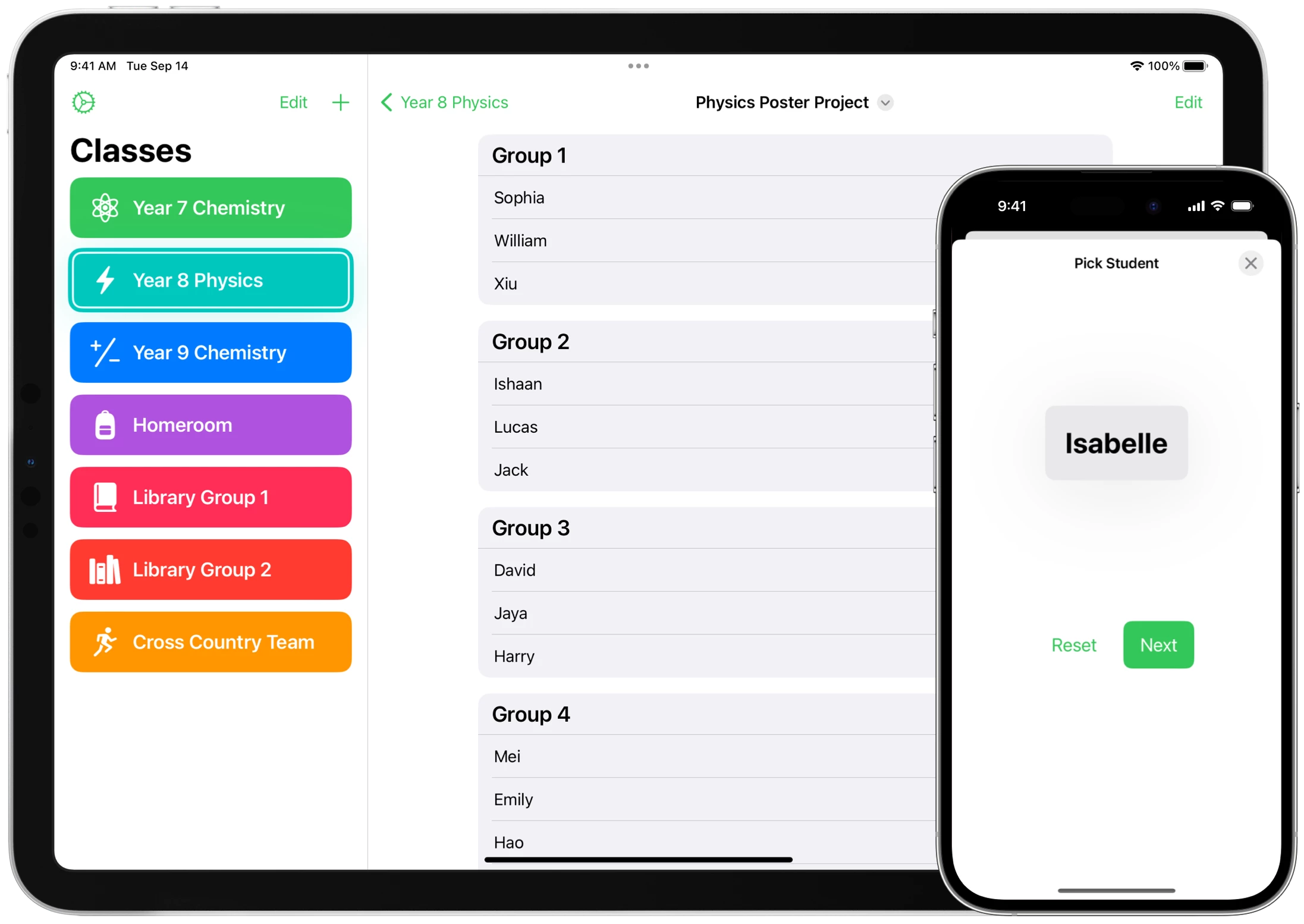 An iPad displaying a the Groups app with a created group present. An iPhone is next to the iPad displaying the “Pick Student” screen with a student picked.