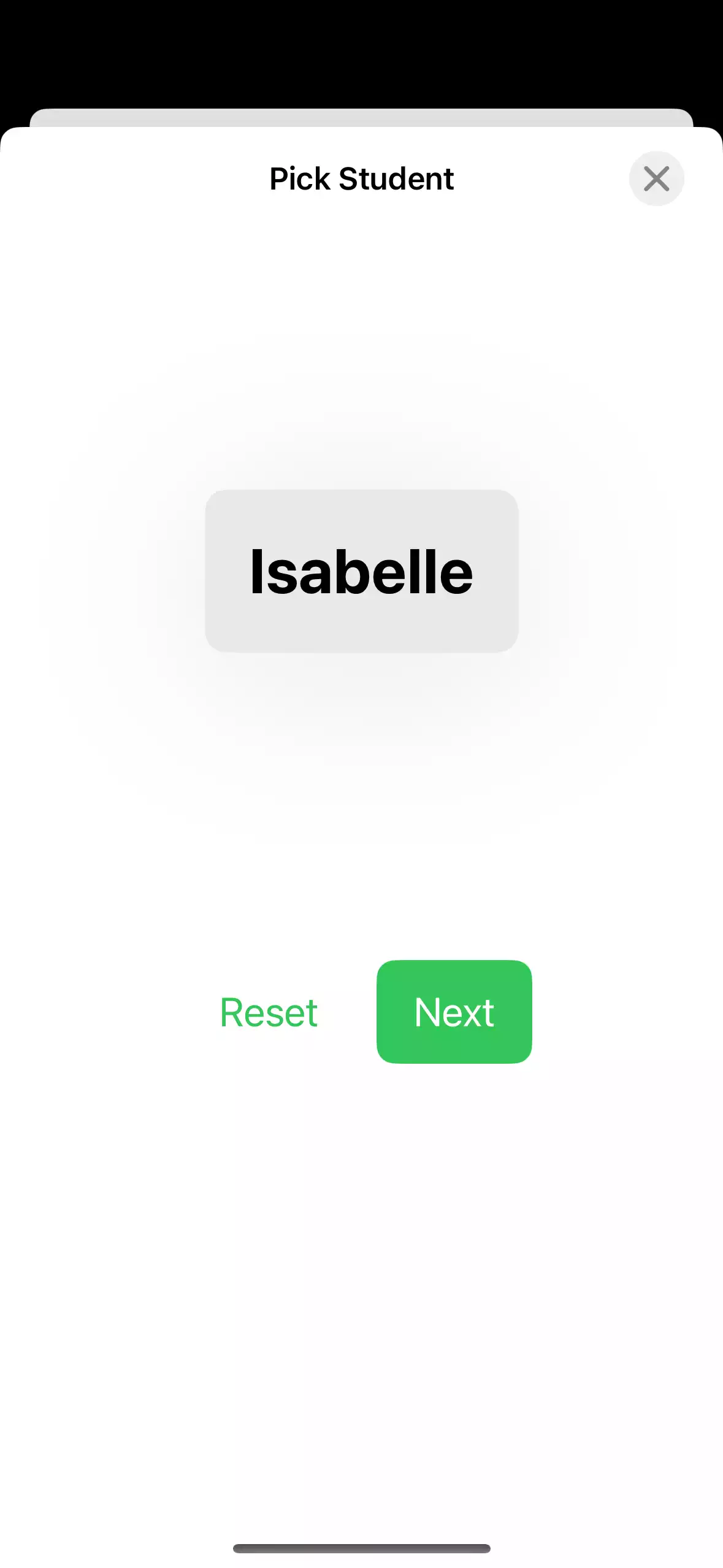 A screenshot of a screen with a “Reset” and “Next” button. The student “Isabelle” is highlighted.