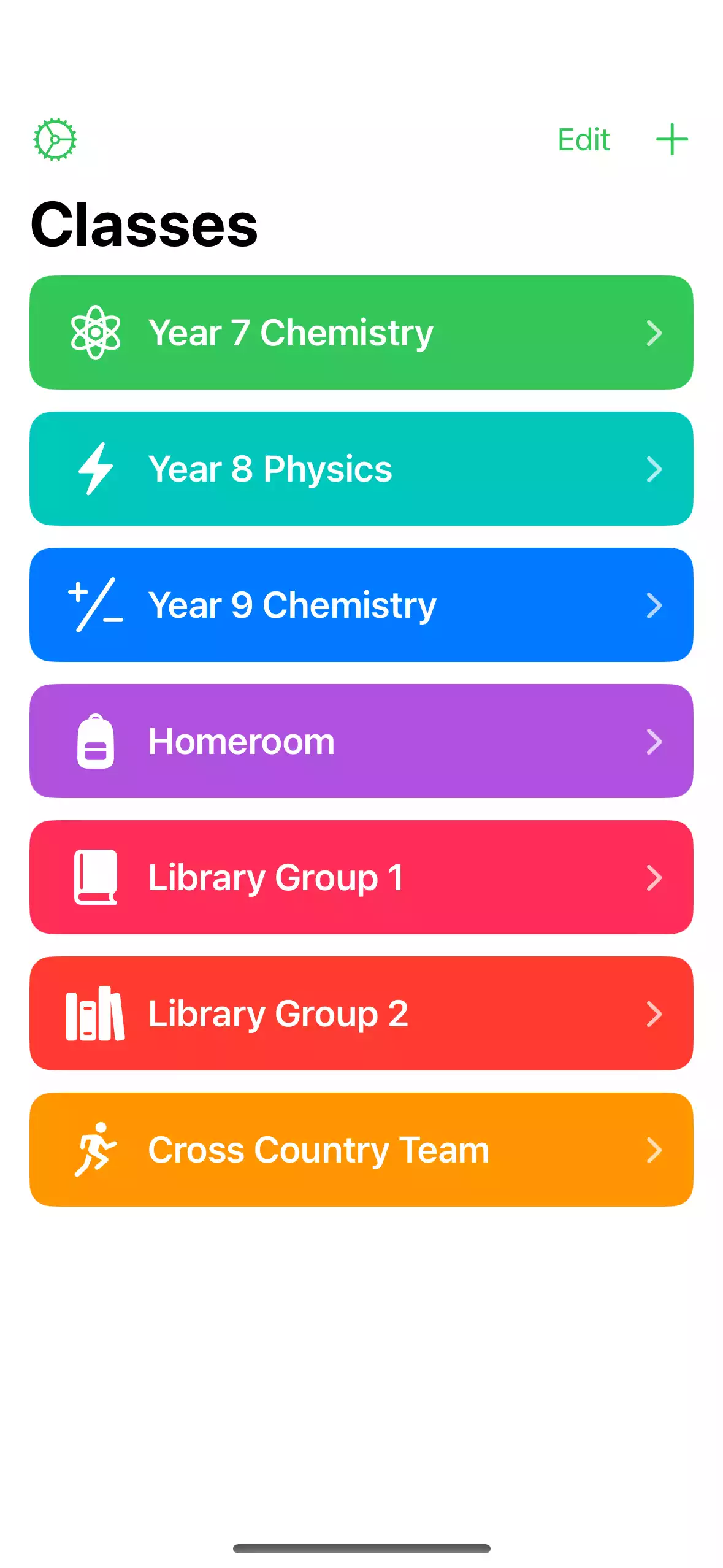 A list of classes, all in different colors and with different symbols.